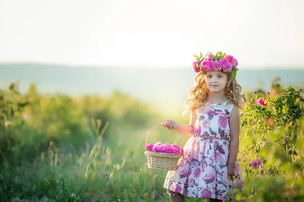 Mignonne Petite Fille Posant Sur Terrain Couronne Fleurs — Photo
