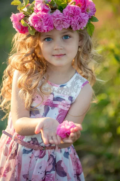 可爱的小女孩摆在田野上的花花圈 — 图库照片