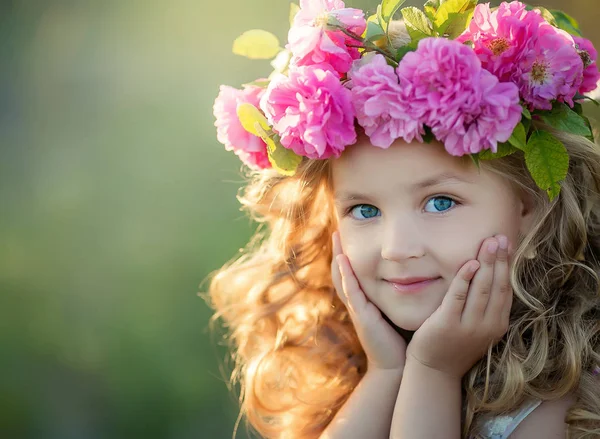 Мила Маленька Дівчинка Позує Полі Квітковому Вінку — стокове фото