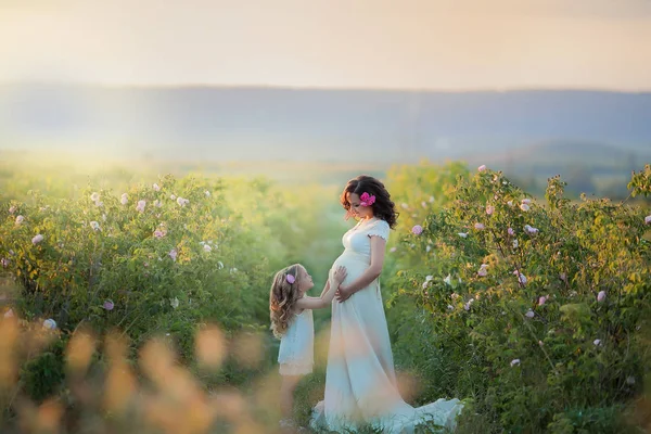 Küçük Kızı Sahada Poz Ile Hamile Anne — Stok fotoğraf