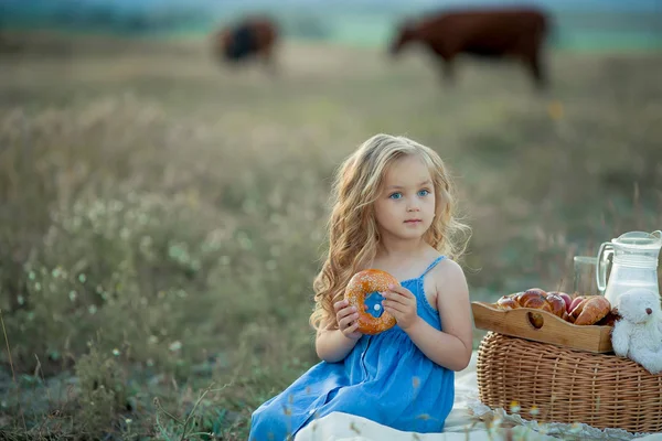Kleines Mädchen Frühstückt Blauen Kleid Auf Dem Feld — Stockfoto