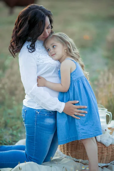 妊娠中の母親と屋外のピクニック フィールド上に小さな娘 — ストック写真