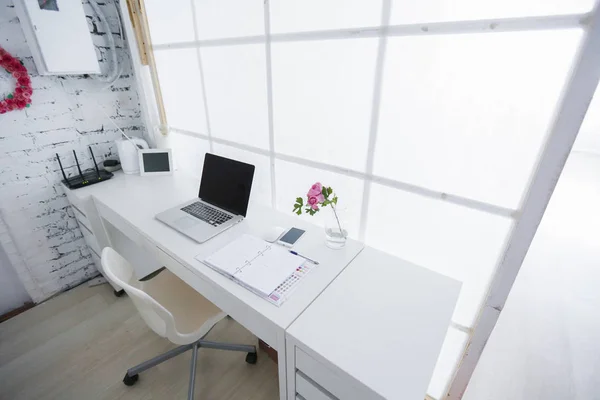 Modern Interior Workplace Laptop White Colors — Stock Photo, Image