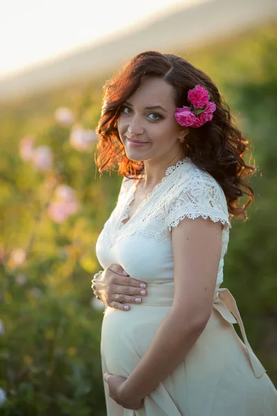 Beautiful Pregnant Woman Posing Green Field White Dress Royalty Free Stock Images
