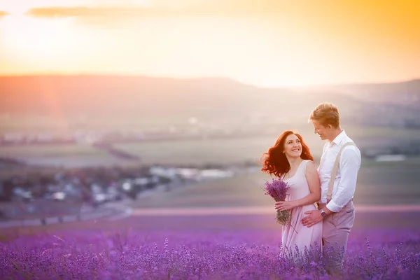 Young Beautiful Couple Outdoor Wedding Photosession Posing Lavender Field — Stock Photo, Image