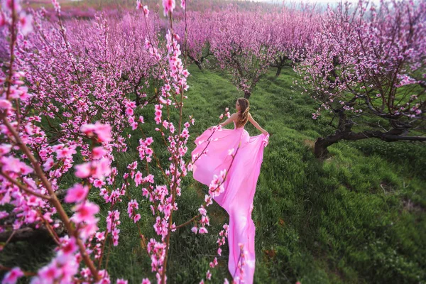 In voller Länge schöne Frau auf Naturpark Hintergrund in rosa Kleid — Stockfoto