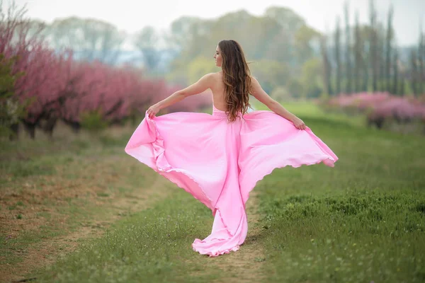 Longitud completa hermosa mujer en el fondo del parque natural en vestido rosa — Foto de Stock