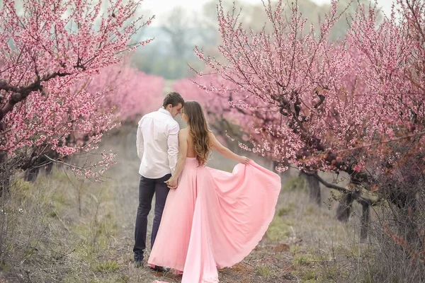 Csók a menyasszony a homlok, míg a falnak állandó romantikus vőlegény rózsaszín virágokkal borított — Stock Fotó
