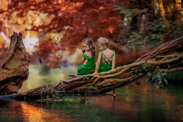 Niño y niña niños de 5-7 años sentados en un tronco sobre el lago —  Fotos de Stock