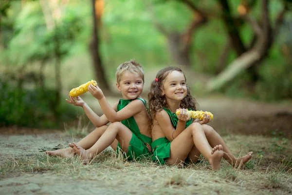 Enfants frère et sœur assis en été dans une clairière dans les bois et manger du maïs — Photo