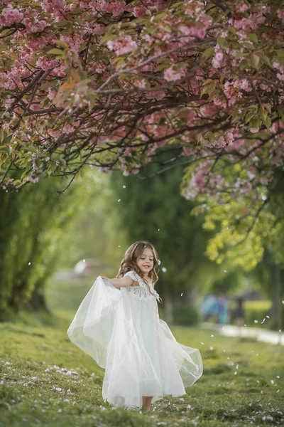 Dívka s dlouhými bílými vlasy v bílých šatech jako nevěsta kráčí v parku sama — Stock fotografie