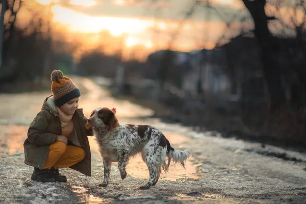 Um menino com um cachorro na rua perto de uma poça durante o pôr do sol — Fotografia de Stock