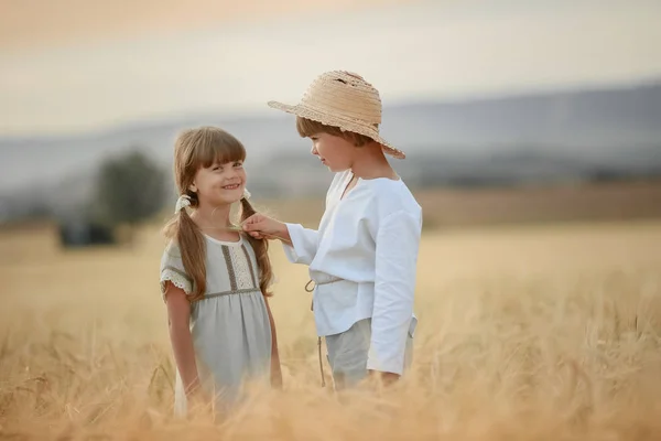 Un niño con un sombrero de paja y una niña con dos coletas de pie hasta la rodilla en un campo de trigo —  Fotos de Stock