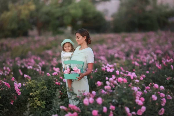 Madre e hija juntas recogen flores silvestres rosas silvestres en la cesta —  Fotos de Stock