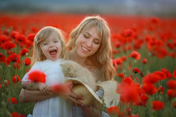 Donna bella mamma bionda con bambino in braccio nel campo di papavero — Foto Stock