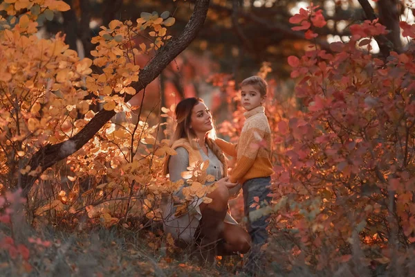 Matka a syn procházka spolu v parku na podzim v teplých šatech — Stock fotografie