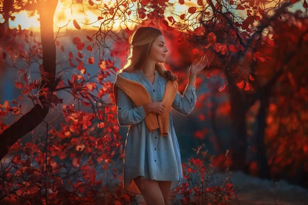 Fata frumoasa in gradina de toamna in copaci cu frunze galbene rosii — Fotografie, imagine de stoc
