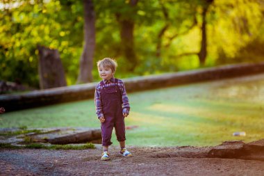 Kot takım elbiseli bir çocuk sık ormanların arka planında yürür.