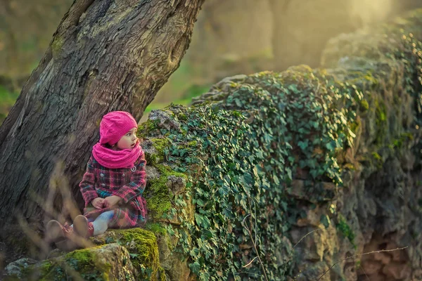 Une petite fille se promène dans un parc naturel et tombe sur un mur de pierre recouvert de fleurs naturelles — Photo