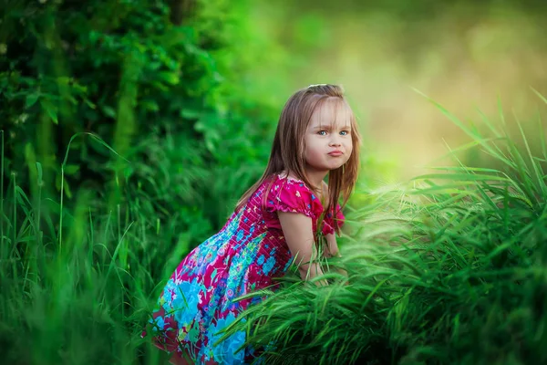 The girl is hiding in a thicket of thick green grass in the forest — Stock Photo, Image