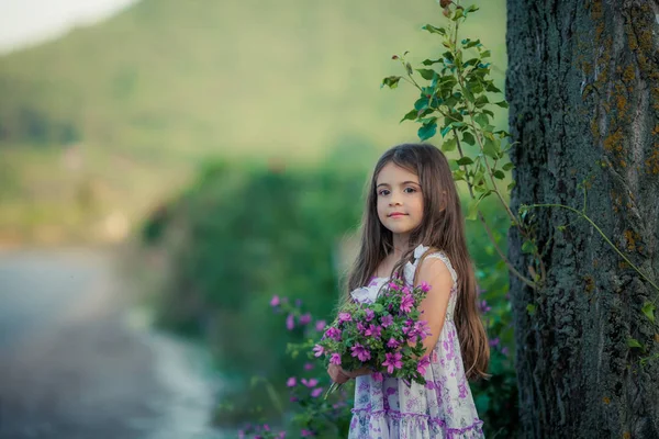 7-9 yaşlarında bir çocuk açık havada bir buket yabani çiçek toplar. — Stok fotoğraf