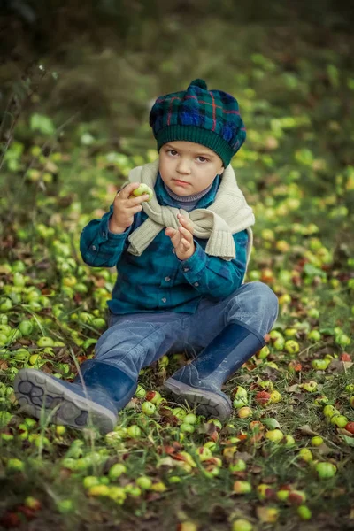 Boy 5-7 tahun di alam segar di sepatu karet dan pakaian musim gugur berjalan di hutan — Stok Foto
