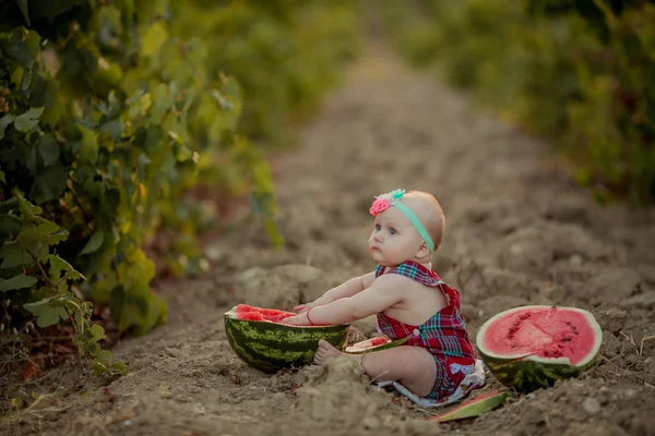 붉은 수박 옆의 푸른 포도 사이 맨 땅에 갓 태어난 여아가 앉아 있다 — 스톡 사진