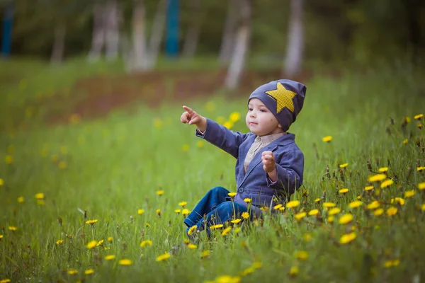 Happy baby on a Sunny spring day sitting on a green meadow where yellow dandelions bloom Stock Photo