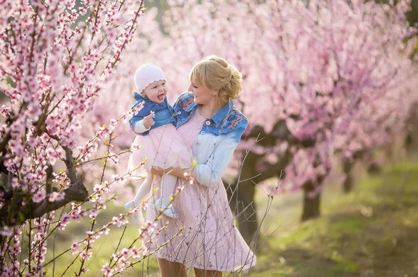 Family photo of mom with a baby in a pink jacket and a pink skirt on a background of flowering trees in a peach garden — Stock Photo, Image