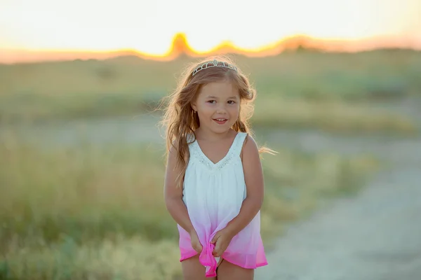 Menina bonita sozinha na foto em um vestido de criança brilhante no fundo de um prado com grama — Fotografia de Stock