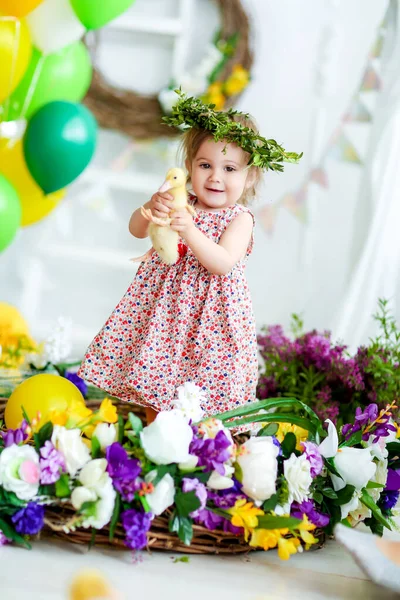 Pequena menina bonito ao lado de flores e balões em um quarto brilhante — Fotografia de Stock