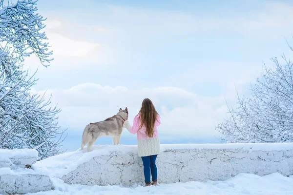 Μια νεαρή γυναίκα μαζί με ένα σκύλο κατακτούν τις χιονισμένες κορυφές — Φωτογραφία Αρχείου