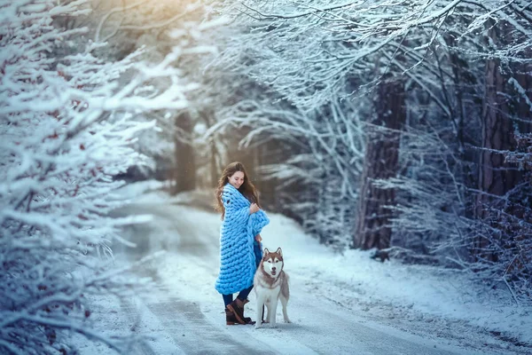 Een jonge vrouw in het bos loopt een raszuiver huisdier husky ras — Stockfoto