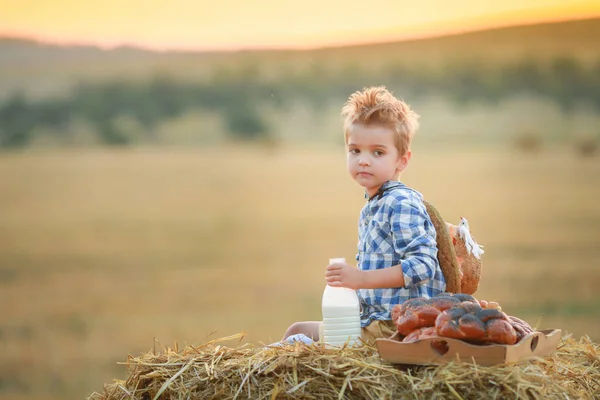 Seorang anak di ladang gandum yang dipangkas duduk di atas tumpukan jerami dengan latar belakang ladang yang luas — Stok Foto