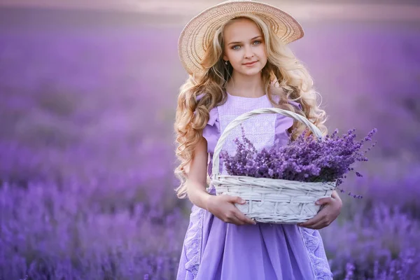 Young blonde girl in a field with lavender holding a basket in her hands — 스톡 사진