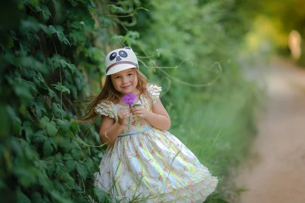 Дитяча дівчинка 5 років стоїть на вулиці біля паркану з зеленими рослинами — стокове фото