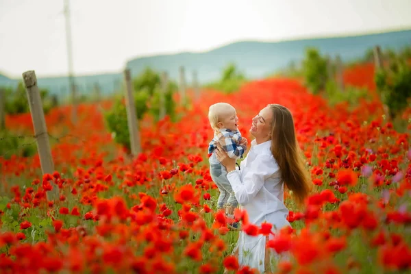 Familie jong moeder met kind in een veld met klaprozen — Stockfoto