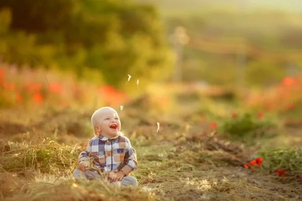 Ребенок сидит на земле без родителей на лугу — стоковое фото