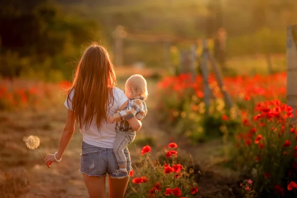 A woman walks with her back to the camera across a field of poppies and carries a child in her arms — ストック写真