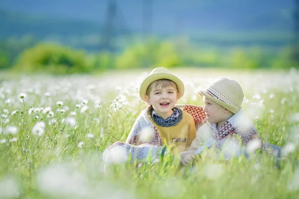 Dos hermanos niños de 6 años en sombreros de paja sentados juntos en la hierba larga en el prado —  Fotos de Stock