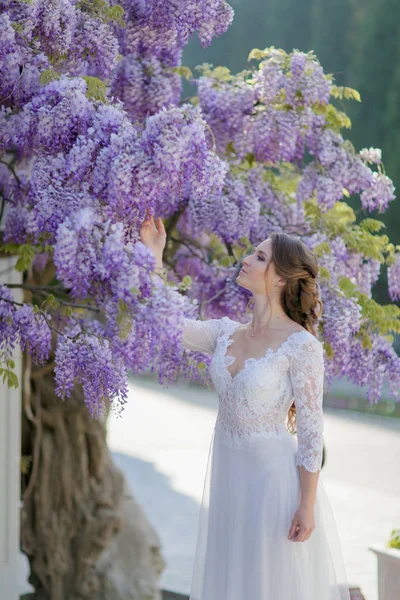 Свадебное фото женщины, стоящей под деревом и трогающей ветку руками — стоковое фото
