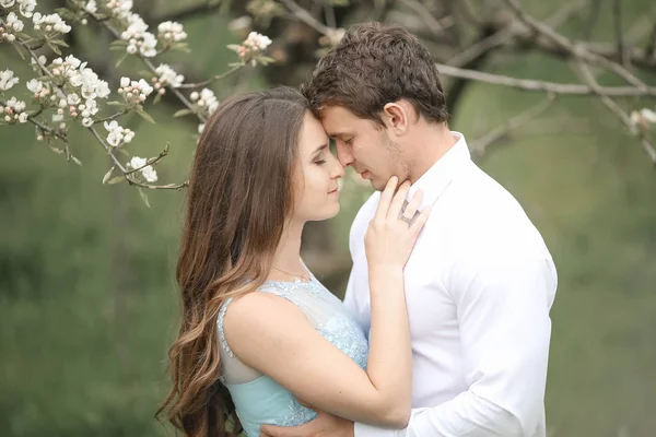 Kissing newlywed couple is spending time in the blooming garden. — Stock Photo, Image