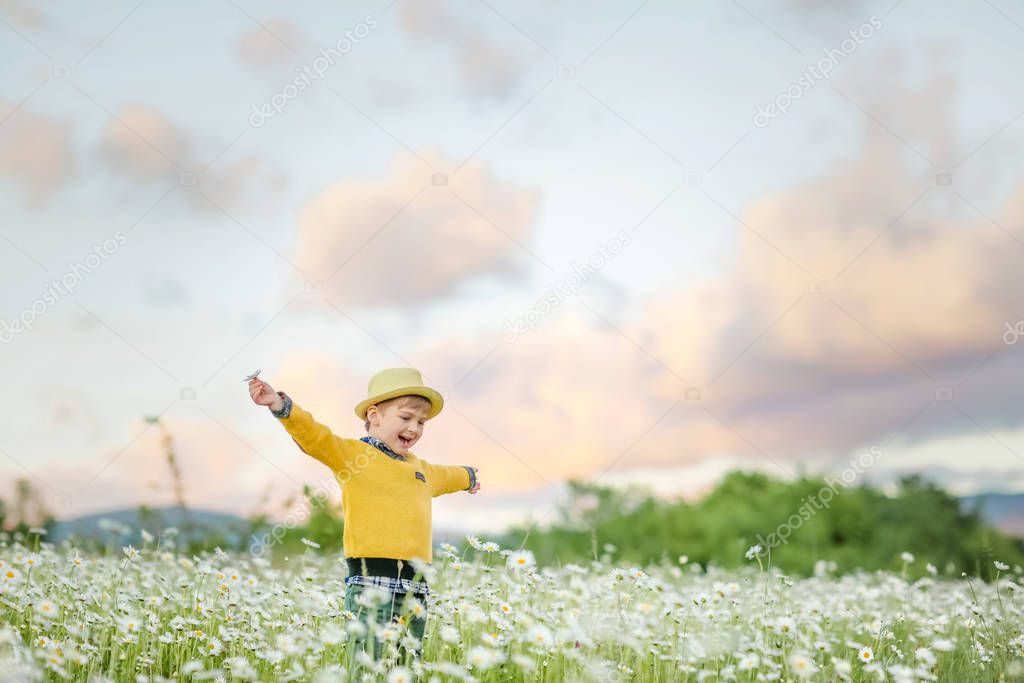 The child is happy and smiling once in the meadow with flowers