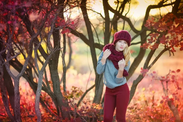 Uma mulher caminha no outono em um parque público em um chapéu de malha quente e um lenço vermelho — Fotografia de Stock