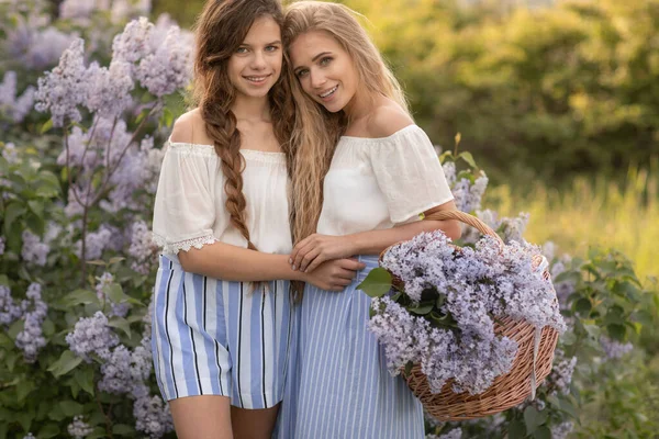 Két gyönyörű ruhába öltözött fiatal lány áll az orgona bokrok hátterében — Stock Fotó