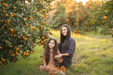 Anne ve kızı birlikte eğleniyor ve bahçede tarım ağaçlarıyla oynuyorlar.