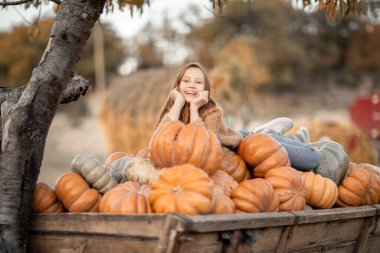 Genç bir kadın toplanmış bir balkabağıyla el arabasında oturuyor..