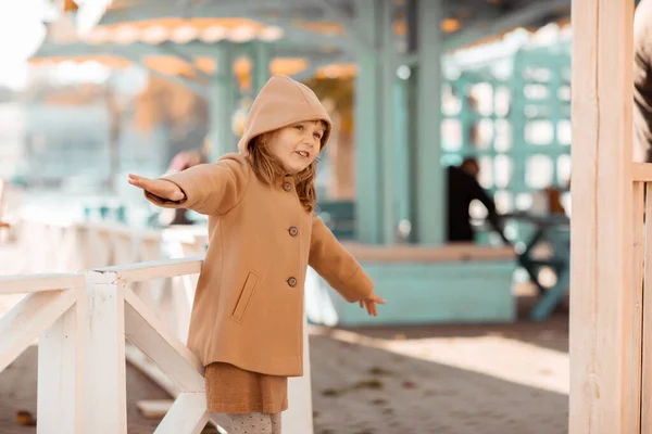 Baby dívka se baví a hraje na slunný podzimní den na hřišti ve veřejném parku — Stock fotografie