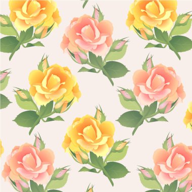 Pembe ve Sarı gül dalı ile pastel renklerde desen