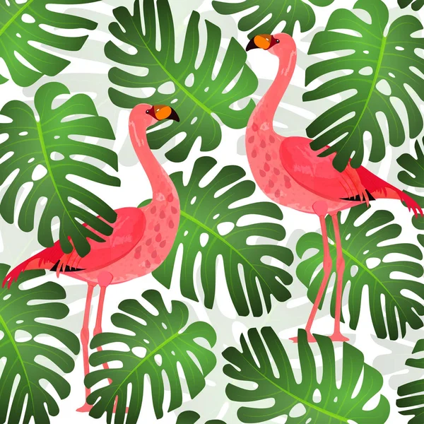 Flamingo patroon en groene tropische bladeren — Stockvector